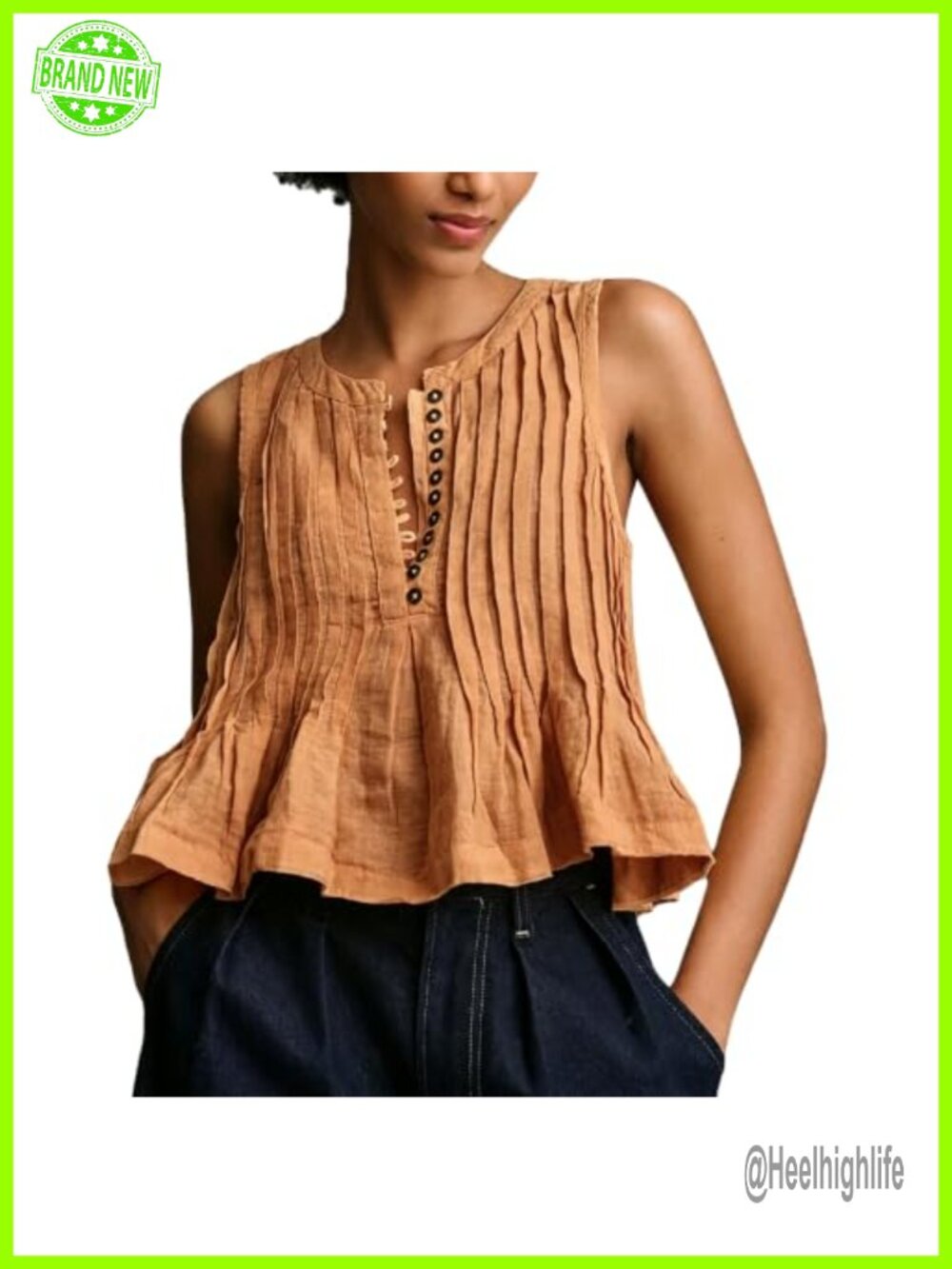 Pleated Henley Tank Top Sleeveless Ruffle Hem Boho Summer Blouse